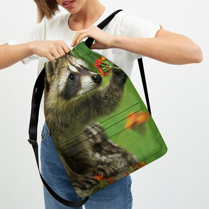 Raccoon And Flower Print Drawstring Backpack