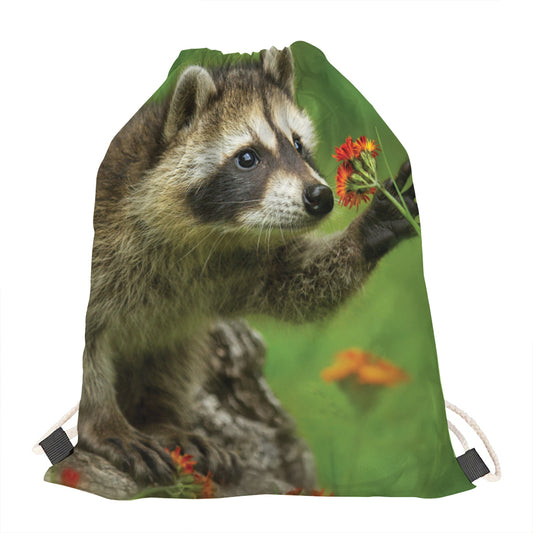 Raccoon And Flower Print Drawstring Bag