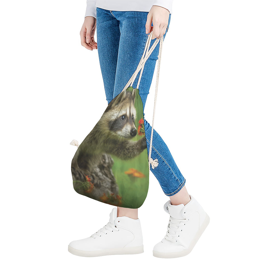 Raccoon And Flower Print Drawstring Bag