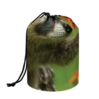 Raccoon And Flower Print Drawstring Makeup Bag