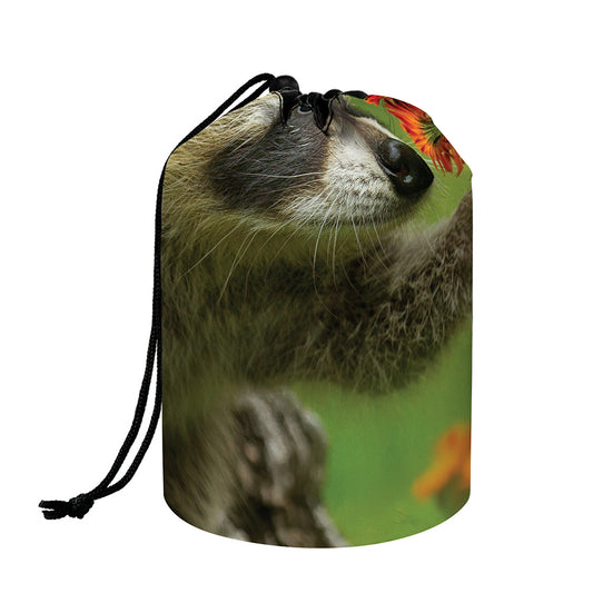 Raccoon And Flower Print Drawstring Makeup Bag