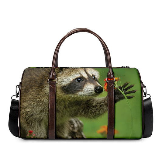 Raccoon And Flower Print Duffle Bag