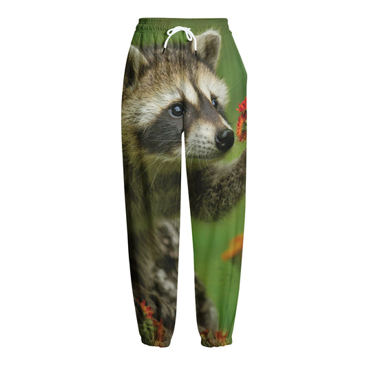 Raccoon And Flower Print Fleece Lined Knit Pants