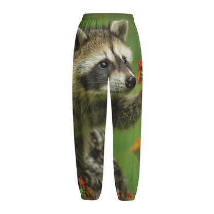 Raccoon And Flower Print Fleece Lined Knit Pants