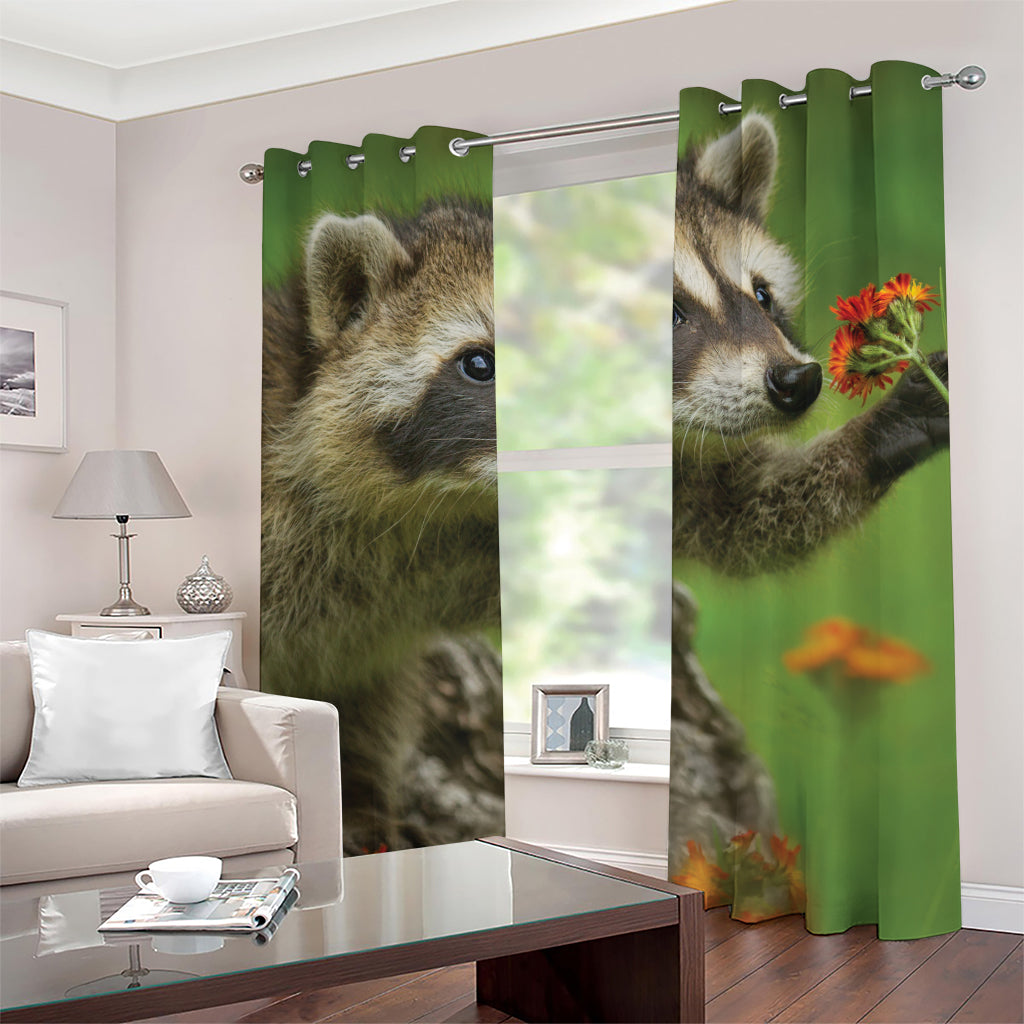 Raccoon And Flower Print Grommet Curtains