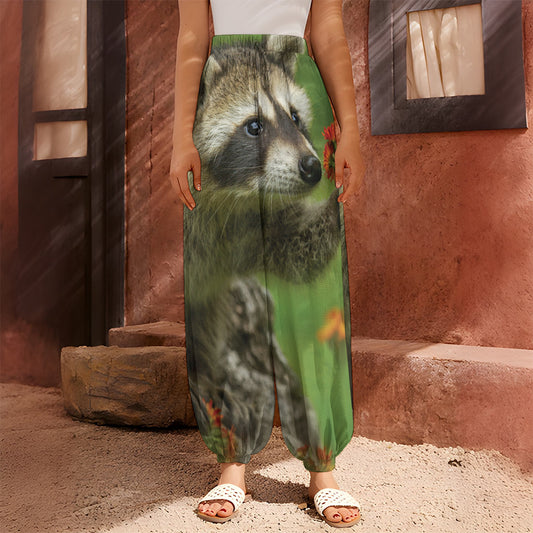 Raccoon And Flower Print Harem Pants