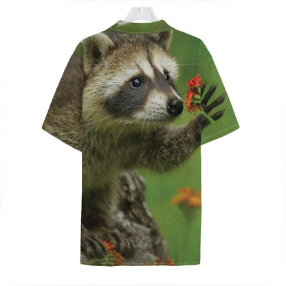 Raccoon And Flower Print Hawaiian Shirt
