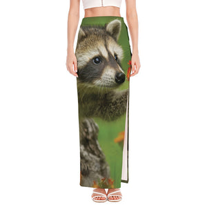 Raccoon And Flower Print High Slit Maxi Skirt