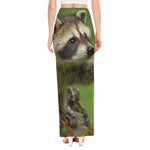 Raccoon And Flower Print High Slit Maxi Skirt