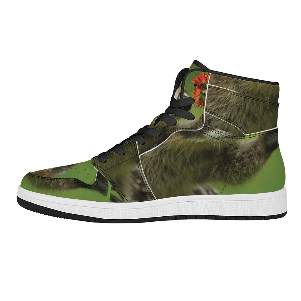 Raccoon And Flower Print High Top Leather Sneakers