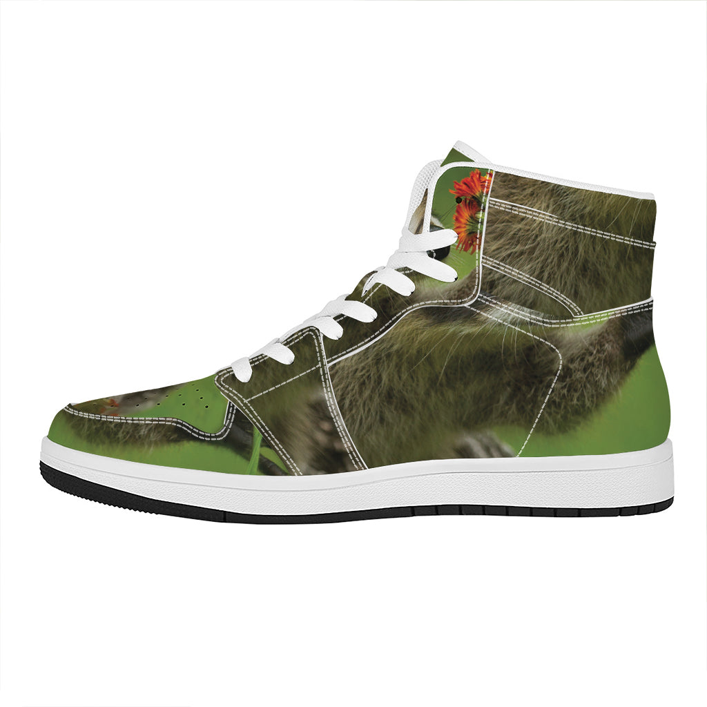 Raccoon And Flower Print High Top Leather Sneakers