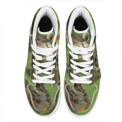 Raccoon And Flower Print High Top Leather Sneakers