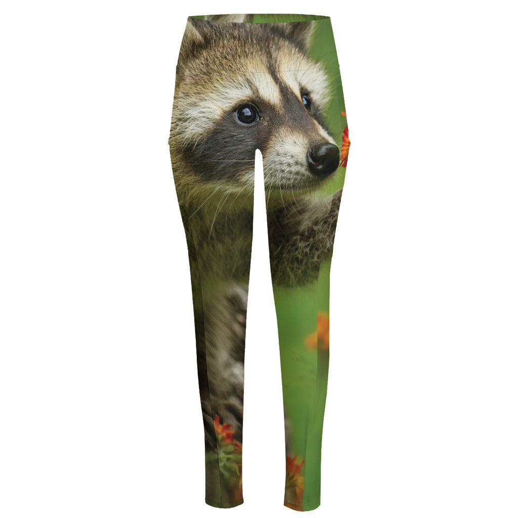 Raccoon And Flower Print High-Waisted Pocket Leggings