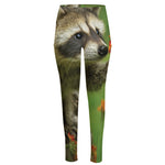 Raccoon And Flower Print High-Waisted Pocket Leggings