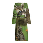 Raccoon And Flower Print Hooded Bathrobe