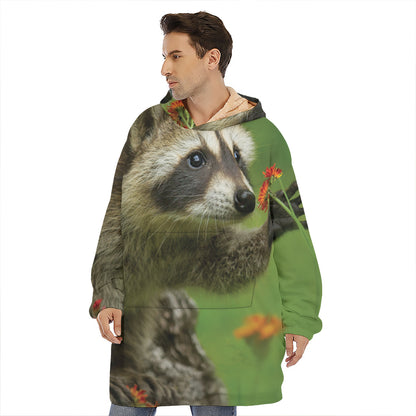 Raccoon And Flower Print Hoodie Blanket