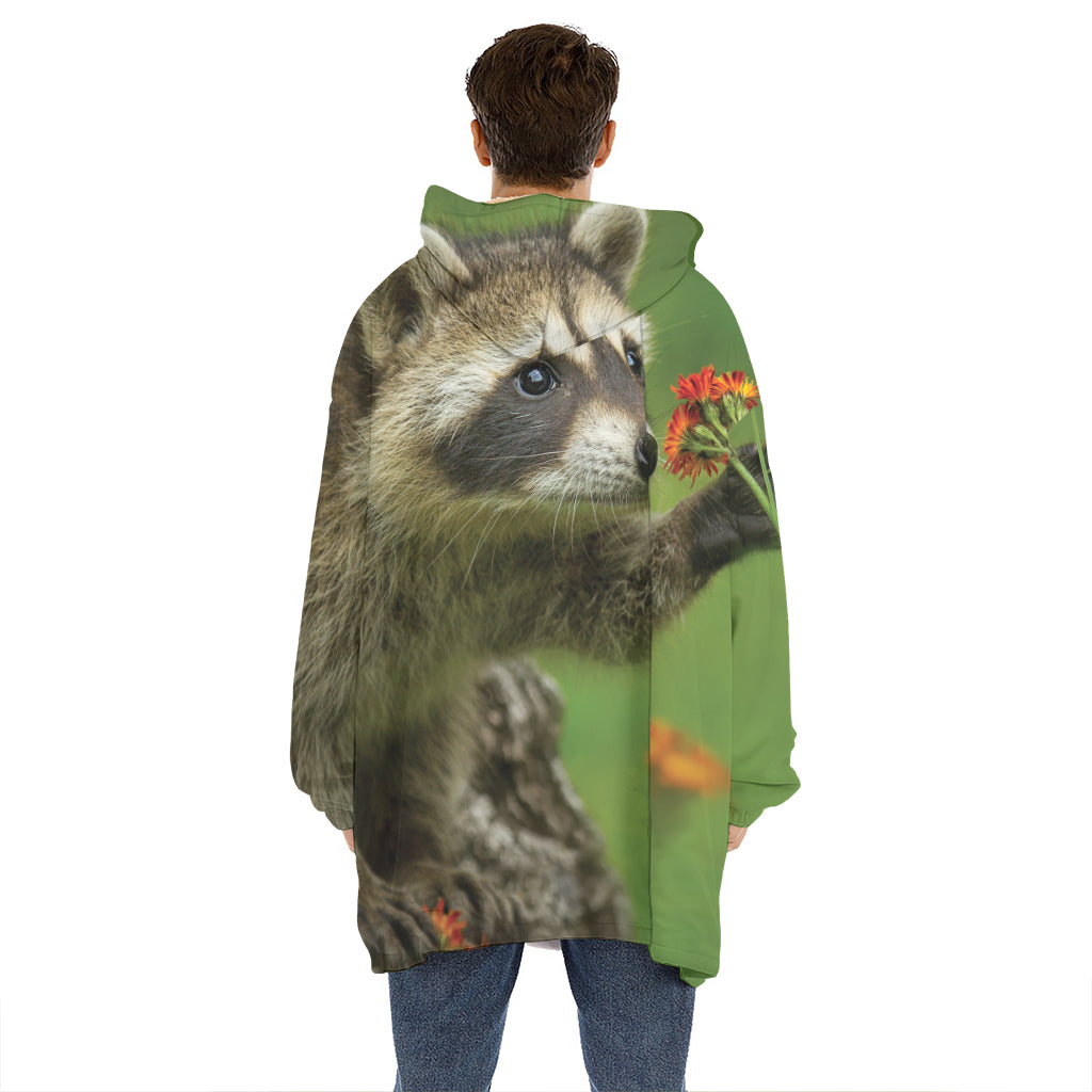 Raccoon And Flower Print Hoodie Blanket