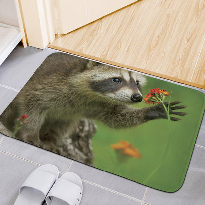 Raccoon And Flower Print Indoor Door Mat