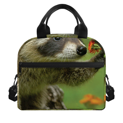 Raccoon And Flower Print Insulated Lunch Bag