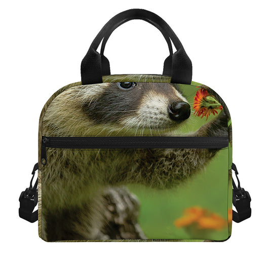 Raccoon And Flower Print Insulated Lunch Bag