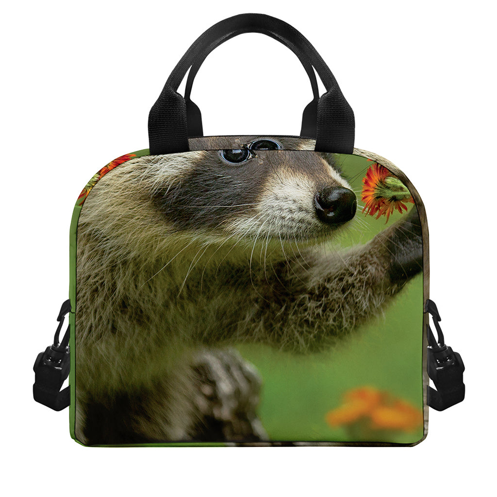 Raccoon And Flower Print Insulated Lunch Bag
