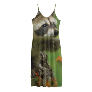 Raccoon And Flower Print Jersey Midi Cami Dress