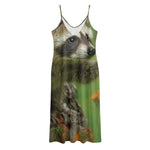 Raccoon And Flower Print Jersey Midi Cami Dress