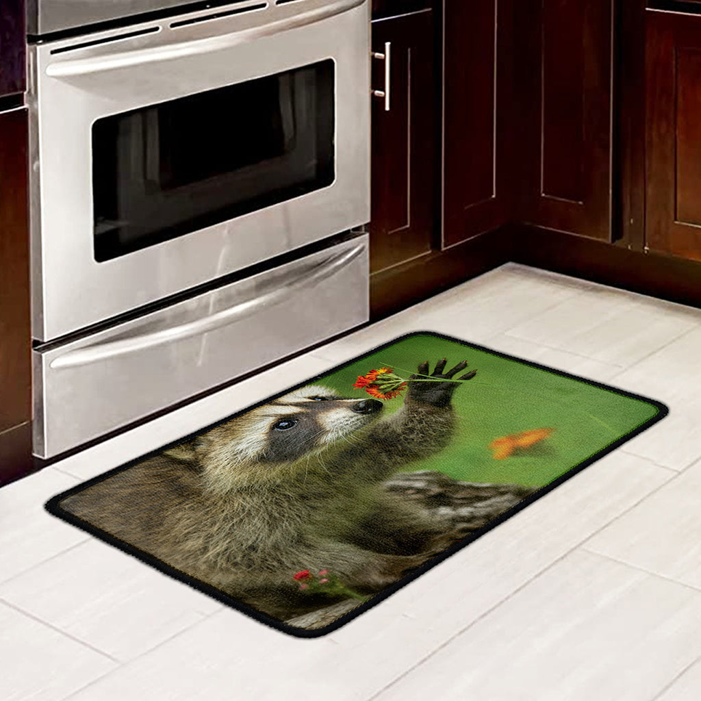 Raccoon And Flower Print Kitchen Mat