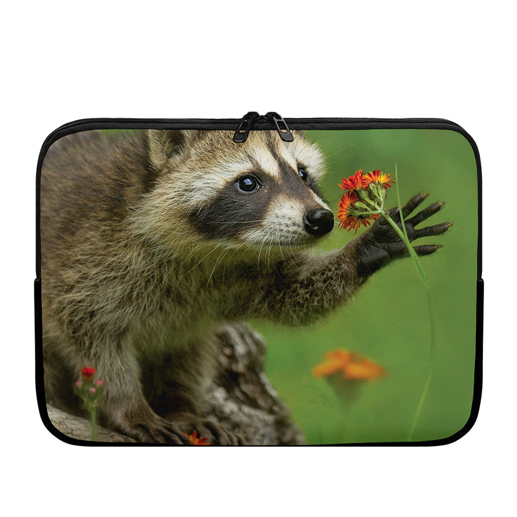 Raccoon And Flower Print Laptop Sleeve