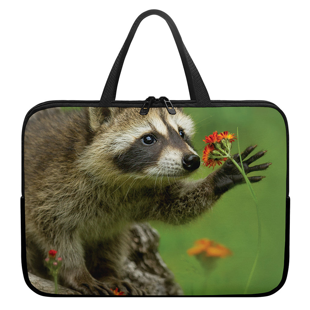 Raccoon And Flower Print Laptop Sleeve With Handle