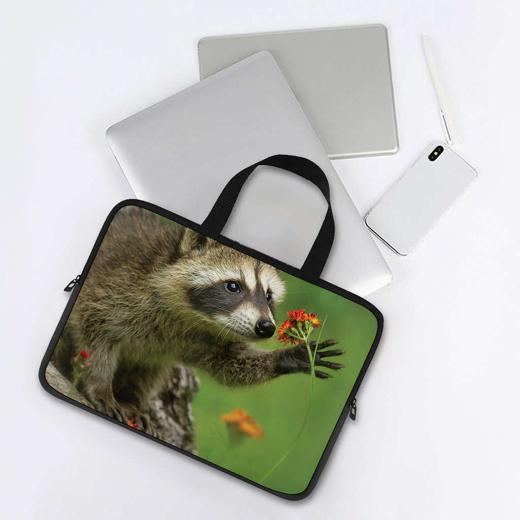 Raccoon And Flower Print Laptop Sleeve With Handle