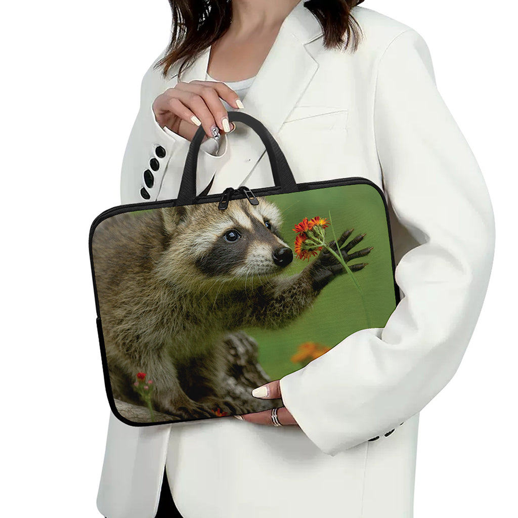 Raccoon And Flower Print Laptop Sleeve With Handle