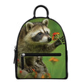 Raccoon And Flower Print Leather Backpack