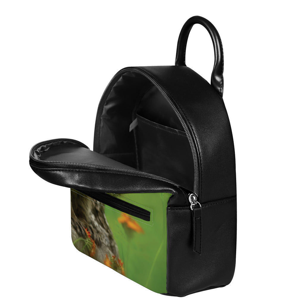 Raccoon And Flower Print Leather Backpack