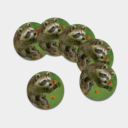 Raccoon And Flower Print Leather Coaster Set