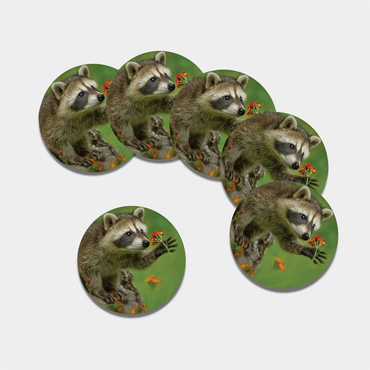 Raccoon And Flower Print Leather Coaster Set