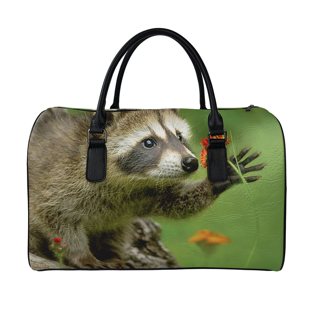 Raccoon And Flower Print Leather Duffle Bag