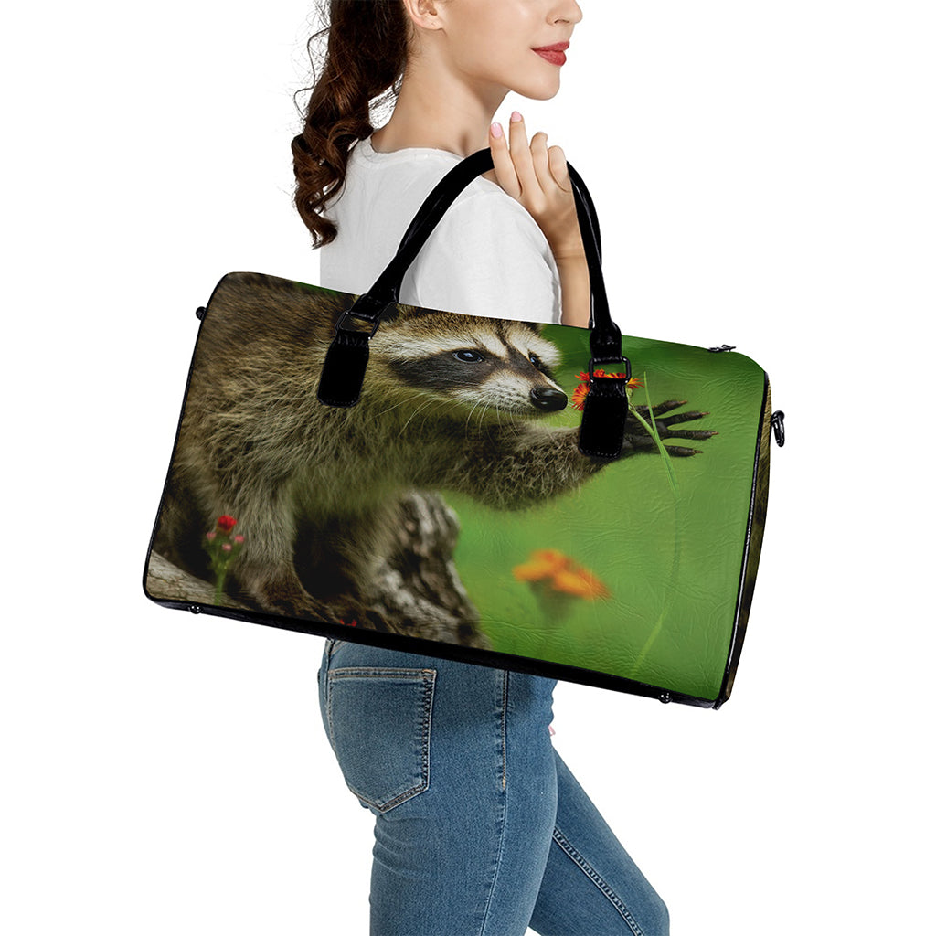 Raccoon And Flower Print Leather Duffle Bag