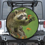 Raccoon And Flower Print Leather Spare Tire Cover