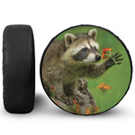 Raccoon And Flower Print Leather Spare Tire Cover