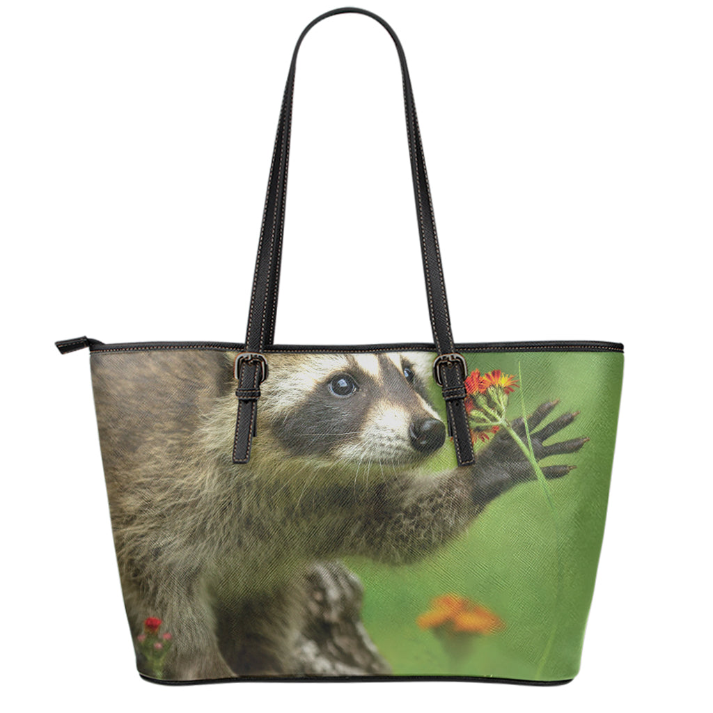 Raccoon And Flower Print Leather Tote Bag