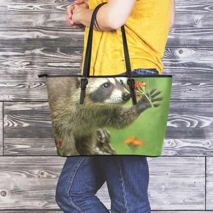 Raccoon And Flower Print Leather Tote Bag