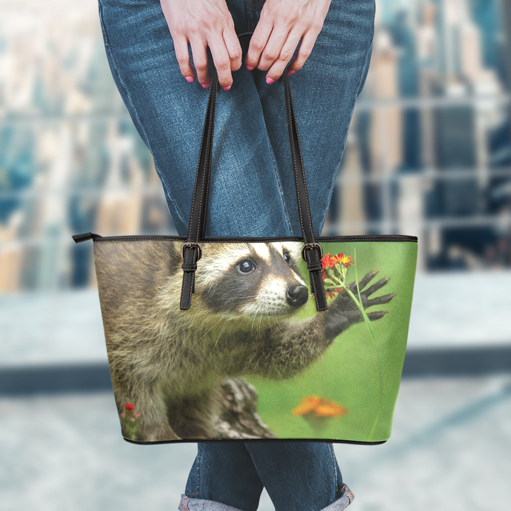 Raccoon And Flower Print Leather Tote Bag