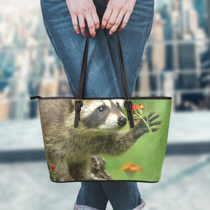 Raccoon And Flower Print Leather Tote Bag