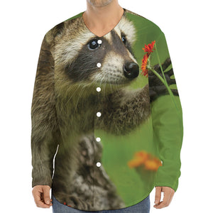 Raccoon And Flower Print Long Sleeve Baseball Jersey