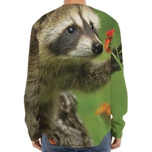 Raccoon And Flower Print Long Sleeve Baseball Jersey