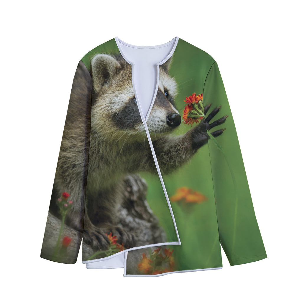 Raccoon And Flower Print Long Sleeve Short Coat