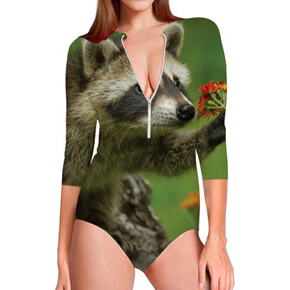Raccoon And Flower Print Long Sleeve Swimsuit