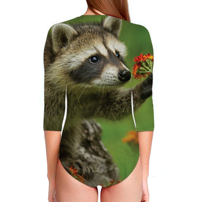 Raccoon And Flower Print Long Sleeve Swimsuit