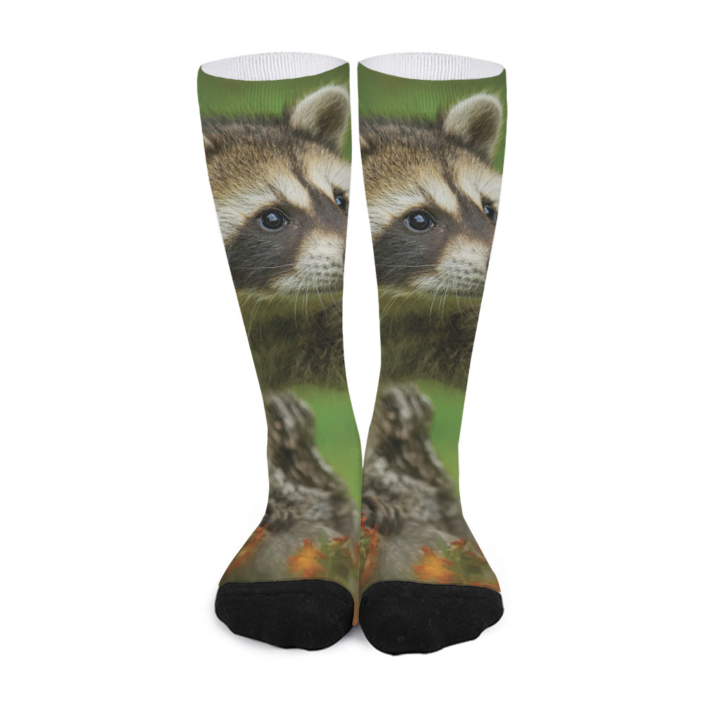 Raccoon And Flower Print Long Socks